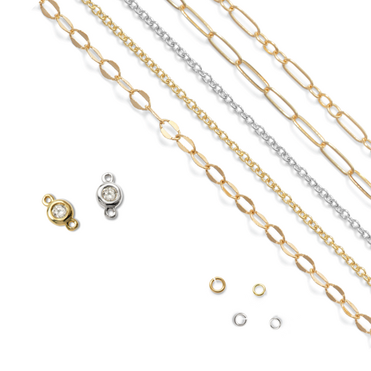 Permanent Jewelry, Paperclip Chain, Long-Short Link Chain, Disk Chain, Cable Chain, Cable Chain, Diamond Bezel Connector, Diamond Bezel Connector, 14k Solid Yellow Gold Jump Rings, 14k Solid White Gold Jump Rings