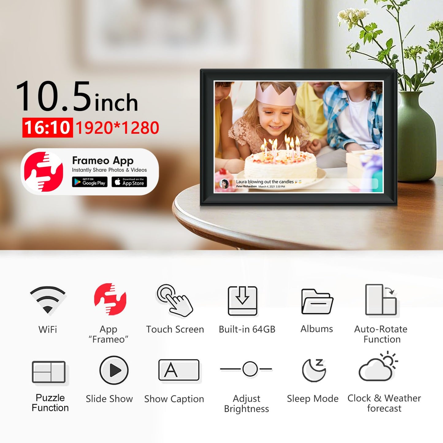 32GB FRAMEO 10.1 Inch Smart WiFi Digital Photo Frame 1280x800 IPS LCD Touch Screen, Auto-Rotate Portrait and Landscape, Built in 32GB Memory, Share Moments Instantly via Frameo App from Anywhere