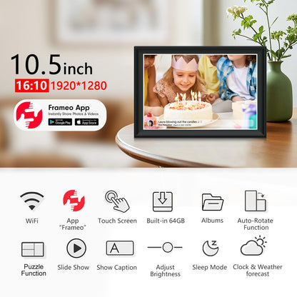 32GB FRAMEO 10.1 Inch Smart WiFi Digital Photo Frame 1280x800 IPS LCD Touch Screen, Auto-Rotate Portrait and Landscape, Built in 32GB Memory, Share Moments Instantly via Frameo App from Anywhere
