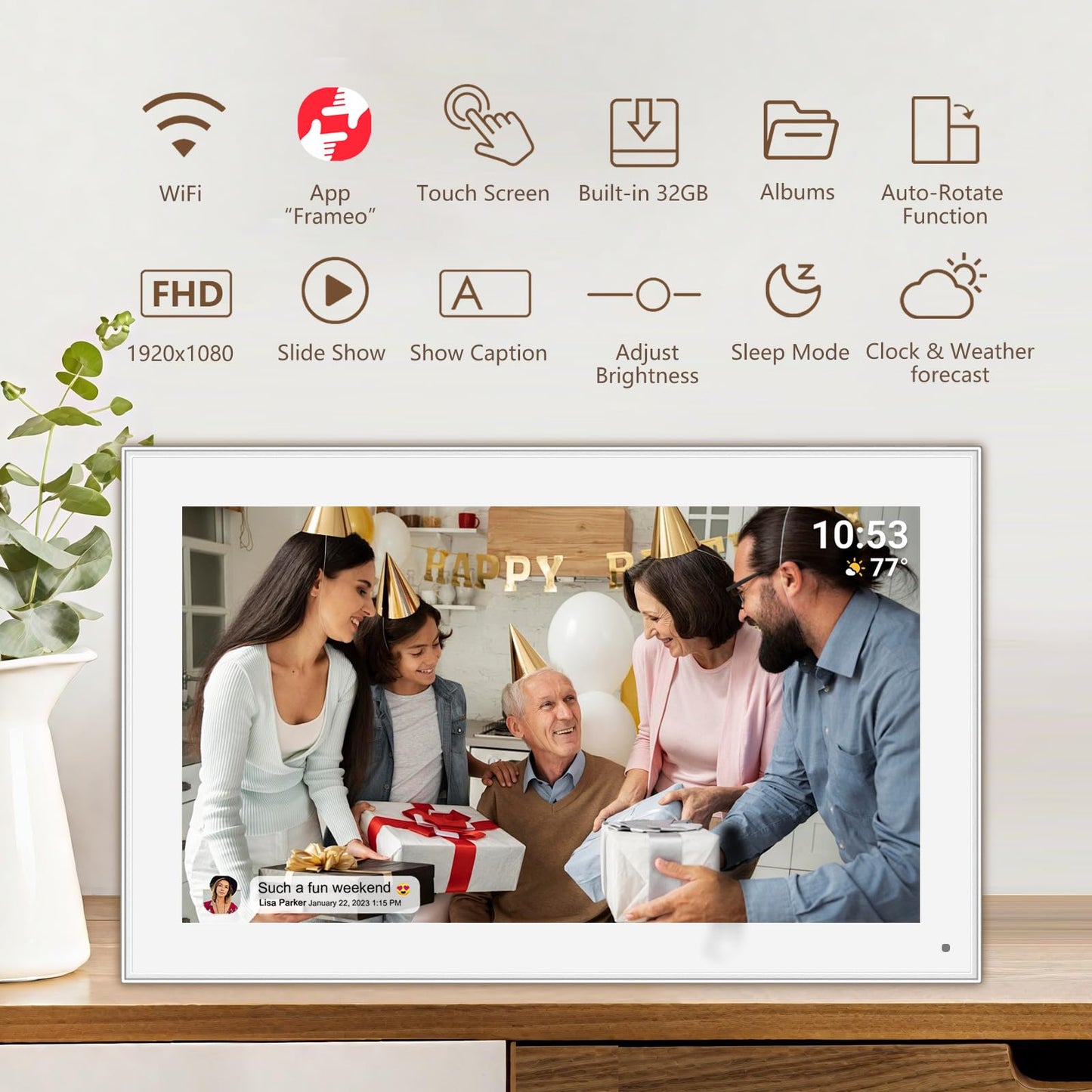 32GB FRAMEO 10.1 Inch Smart WiFi Digital Photo Frame 1280x800 IPS LCD Touch Screen, Auto-Rotate Portrait and Landscape, Built in 32GB Memory, Share Moments Instantly via Frameo App from Anywhere